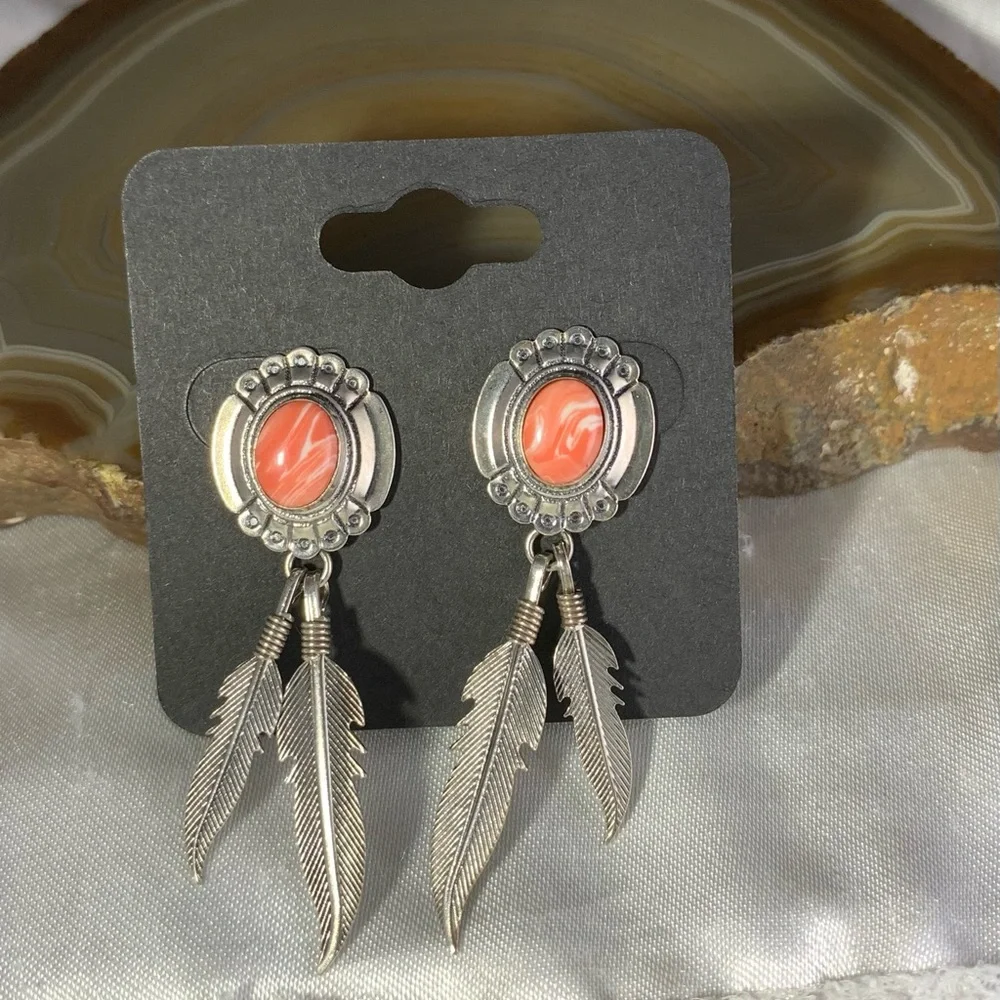 Sterling Silver Rhodochrosite feather native style stud dangle earrings - Picture 2 of 4